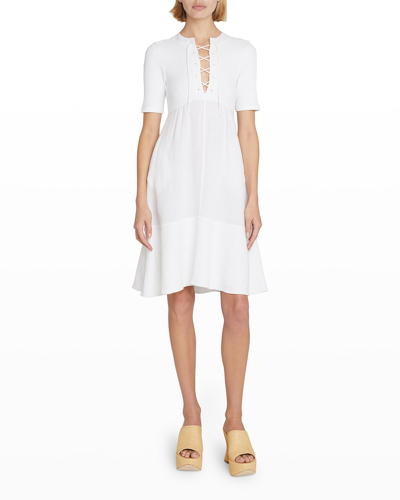 Loewe + Paula's Ibiza Lace-up Ribbed Linen-blend And Stretch-cotton Mini Dress In Optic White