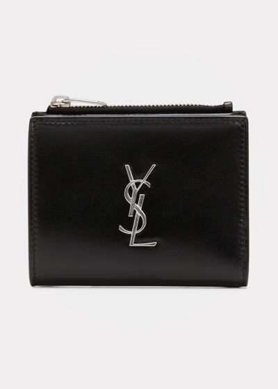 Saint Laurent Men's Ysl-logo Leather Zip Card Case In Nero