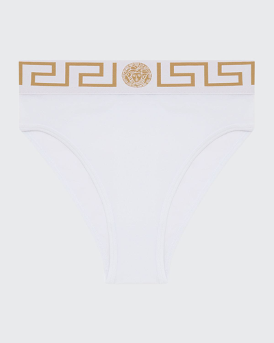 Versace Greca Border High-leg Jersey Briefs In Bianco Ottico