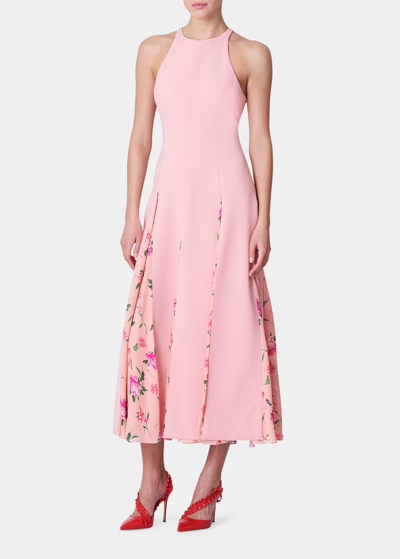 CAROLINA HERRERA FLORAL-CHIFFON GODET HALTER TEA-LENGTH DRESS 