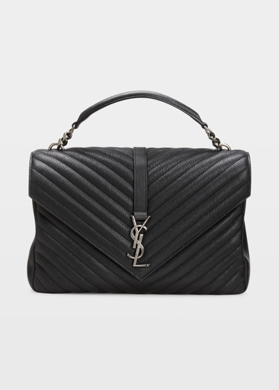 Saint Laurent College Large Quilted Leather V-flap Shoulder Bag In Black