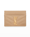 Saint Laurent Ysl Grain De Poudre Leather Card Case, Golden Hardware In Dark Beige