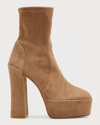 Stuart Weitzman Skyhigh Stretch Suede Platform Booties In Cashmere