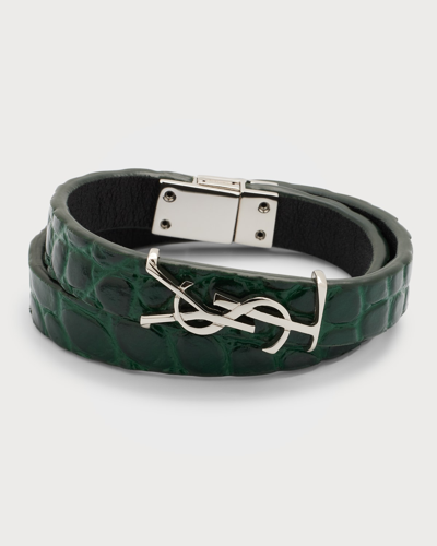 Saint Laurent Leather Ysl Monogram Double-wrap Bracelet, Green