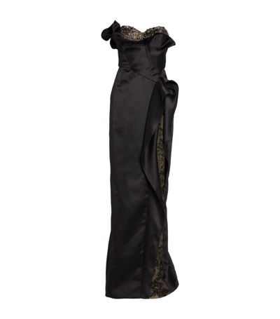 Marchesa Crystal-embellished Floral Strapless Satin Column Gown In Black