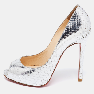 Pre-owned Christian Louboutin Silver Python Leather Flo Peep Toe Pumps Size 35