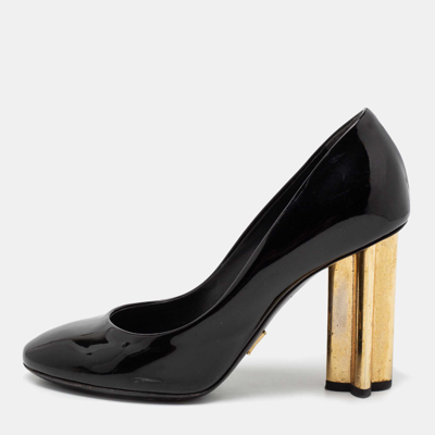 Pre-owned Louis Vuitton Black Patent Leather Round Toe Block Heel Pumps Size 36.5