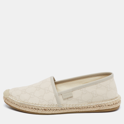 Pre-owned Gucci Cream/grey Gg Leather And Canvas Espadrille Flats Size 36.5