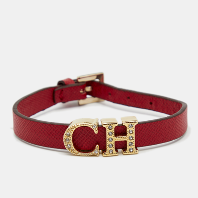 Pre-owned Carolina Herrera Crystal Logo Charm Red Leather Gold Tone Bracelet