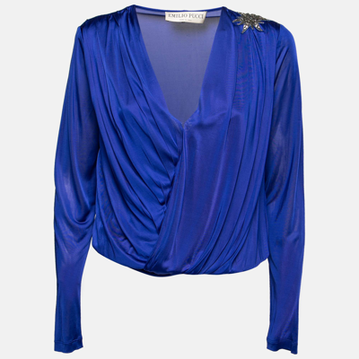Pre-owned Emilio Pucci Blue Jersey Wrap Effect Pleated Blouse M