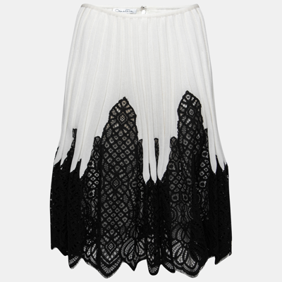 Pre-owned Oscar De La Renta Ivory Silk Lace Applique Pleated Skirt L In Cream