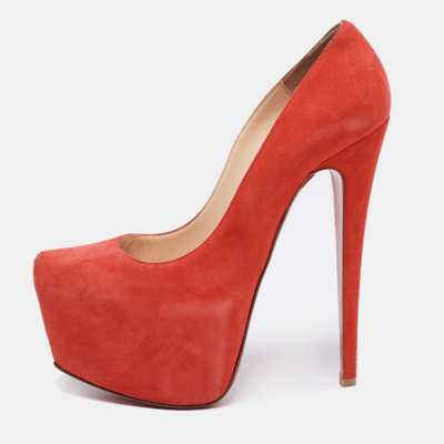 Pre-owned Christian Louboutin Coral Red Suede Daffodile Platform Pumps Size 36