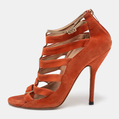 Pre-owned Jimmy Choo Orange Suede Fathom Strappy Cage Sandals Size 40