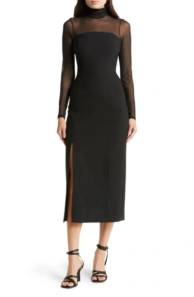 Cinq À Sept Ivanna Illusion Inset Long Sleeve Midi Dress In Black