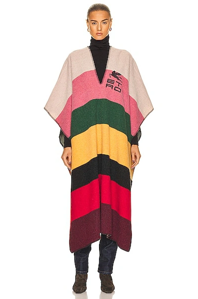 Etro Embroidered Striped Wool-blend Poncho In Neutrals