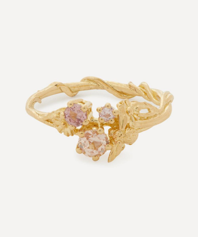 Alex Monroe 18ct Gold Beekeeper Nude Pink Sapphire Trilogy Ring