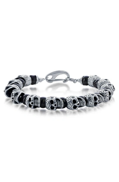 Blackjack Stainless Steel Onyx Skull Beaded Bracelet In Black/ Silver