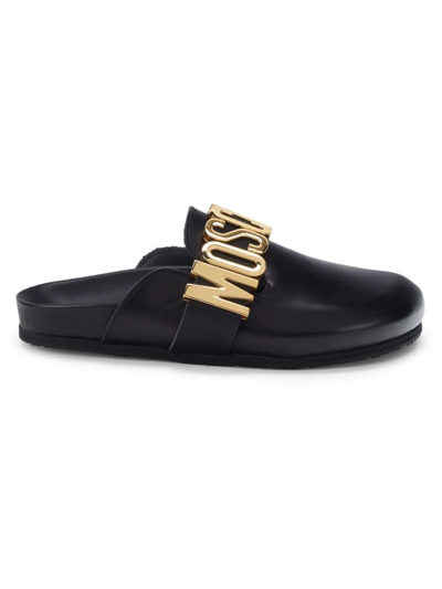 Moschino Couture ! Women's Logo Leather Mules In Black