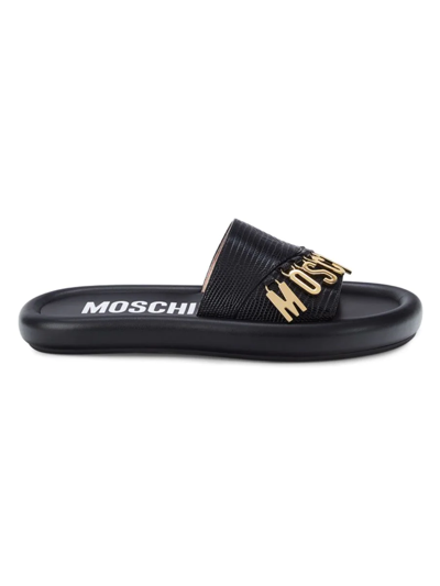 Moschino Couture ! Women's Logo Leather Slides In Black