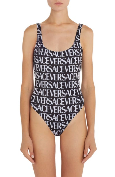 Versace All Over Logo One Piece Swimsuit In Black White