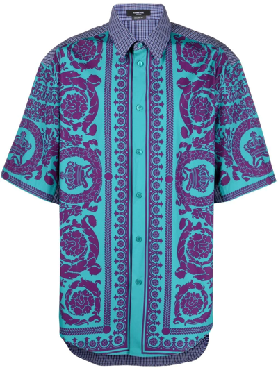 Versace Barocco Silhouette Checked Shirt, Male, Fuchsia+turquoise, 58 In Blue