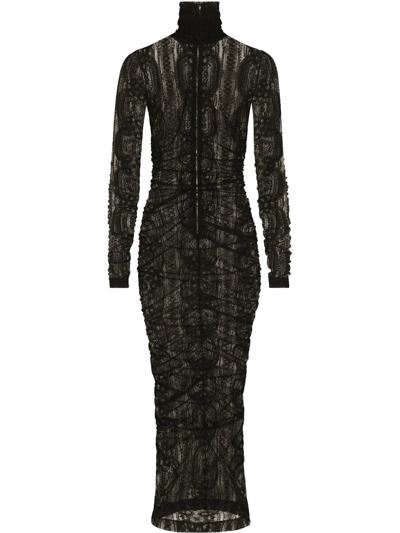 Dolce & Gabbana Semi-sheer Lace Roll-neck Dress In Black