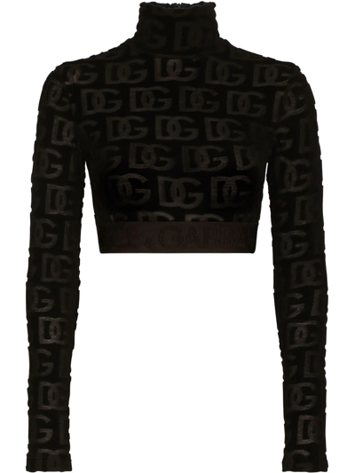 Dolce & Gabbana Black Logo Print Roll Neck Crop Top
