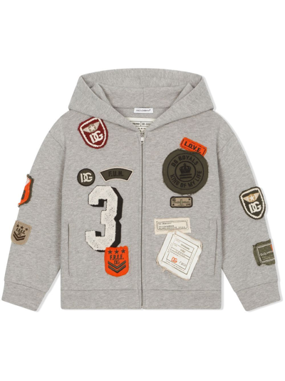 Dolce & Gabbana Kids' Patch-detail Zip-front Hoodie In Grey