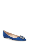 Manolo Blahnik Hangisi Crystal-embellished Satin Point-toe Flats In Blue Satin