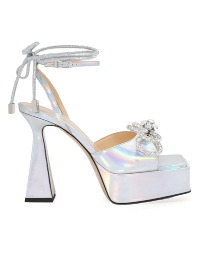 Mach & Mach Double Bow Crystal-embellished Iridescent Leather Platform Pumps In Purple,silver