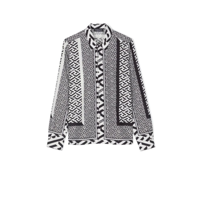 Versace Teen Black And White La Greca Print Cotton Shirt