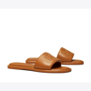 Tory Burch Double T Leather Medallion Slide Sandals In Bourbon Miele/gold