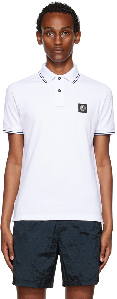 Stone Island Contrasting Trim Logo Patch Cotton Blend Polo Shirt In White