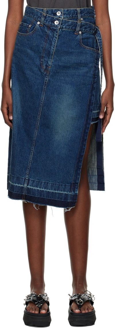 Sacai Layered Wrap-effect Frayed Denim Midi Skirt In Blue