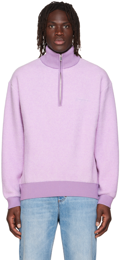 Jacquemus La Maille Berger Embroidered Logo Half Zip Merino Wool Blend Sweater In Light Purple