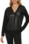 DKNY FAUX LEATHER FRONT V-NECK SWEATSHIRT