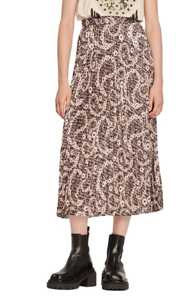 Sandro Indiana Floral Print Pleated Midi Skirt In Neutral