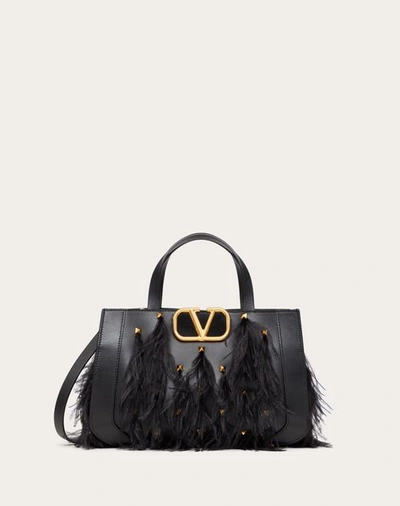 Valentino Garavani Vlogo Signature Small Leather Handbag With Feathers Woman Black Uni