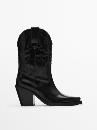 Massimo Dutti Embroidered Leather Cowboy Ankle Boots - Studio In Black