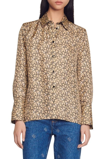 Sandro Annita Floral Print Silk Blouse In Beige