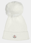 Moncler Kids' Girl's Ribbed Wool Beanie W/ Faux Fur Pompom In White
