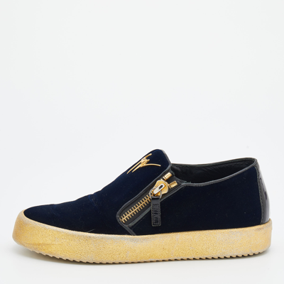 Pre-owned Giuseppe Zanotti Navy Blue Velvet May London Slip On Trainers Size 39