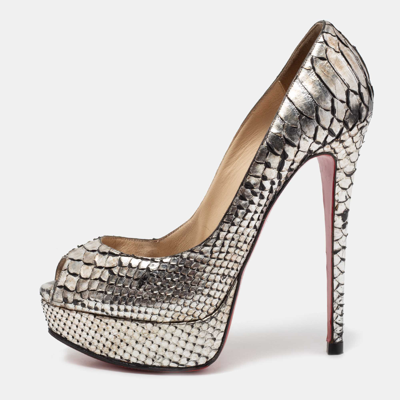 Pre-owned Christian Louboutin Metallic Silver Python Leather Lady Peep Toe Platform Pumps Size 37.5