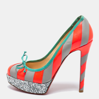 Pre-owned Christian Louboutin Grey/neon Pink Striped Leather Foraine Glitter Platform Pumps Size 35.5