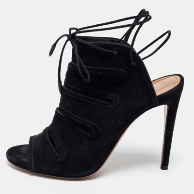 Pre-owned Aquazzura Black Suede Sloane Cut Out Tie Up Sandals Size 38