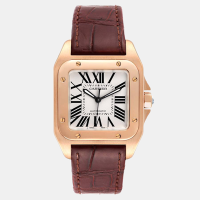 Pre-owned Cartier Silver 18k Rose Gold Santos 100 W20108y1 Men's Wristwatch 33 Mm