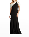 Tadashi Shoji Knotted One-shoulder Crepe Gown In Black / White