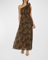 MILLY GINA PLEATED LEOPARD-PRINT ONE-SHOULDER GOWN