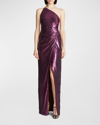 Halston Adriana One-shoulder Sequin Slit Gown In Acai