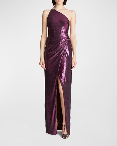 Halston Adriana One-shoulder Sequin Slit Gown In Pink